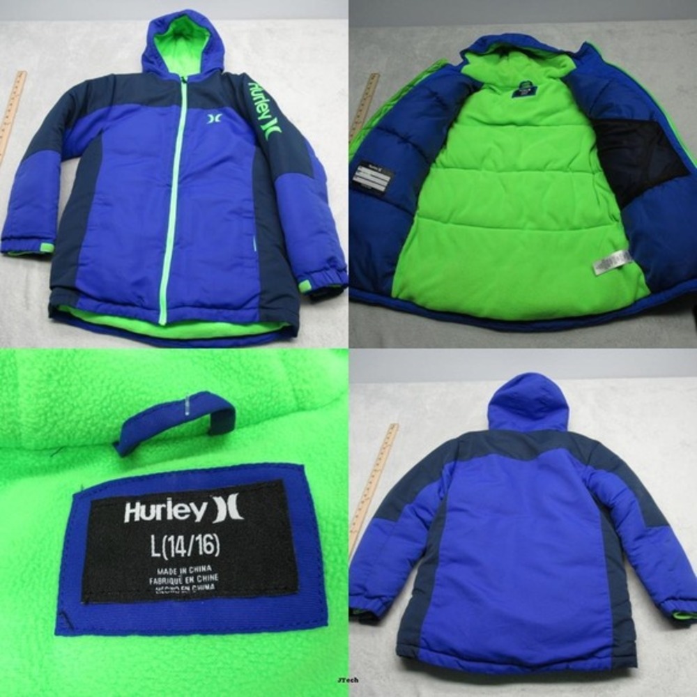 Hurley Jacket Youth Large Blue Colorblock Pockets Hooded Full Zip Puffer READ